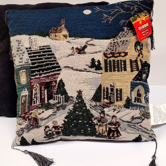 Christmas Throw Pillows 2 Winter Village Scene Tapestry Rite Aid 15'' Accent New - Picture 3 of 6